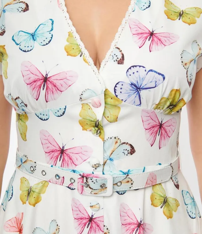 White Butterfly Flutter Sleeve Swing Dress DressesPlus Unique Vintage Pocket Dresses