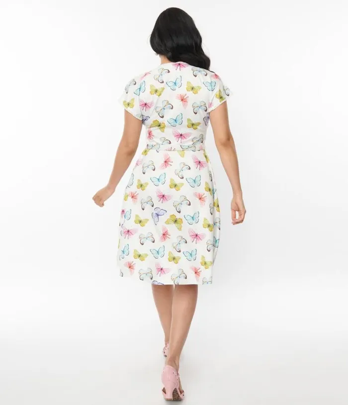 White Butterfly Flutter Sleeve Swing Dress DressesPlus Unique Vintage Pocket Dresses