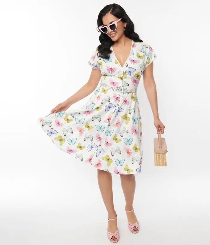 White Butterfly Flutter Sleeve Swing Dress DressesPlus Unique Vintage Pocket Dresses