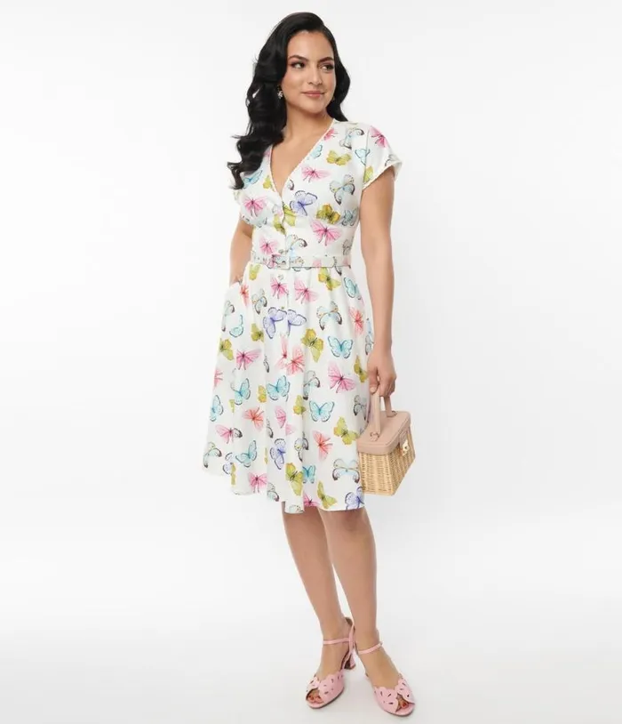 White Butterfly Flutter Sleeve Swing Dress DressesPlus Unique Vintage Pocket Dresses