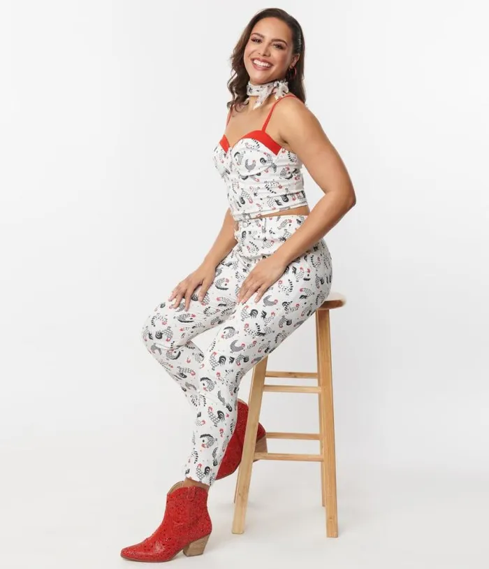 White Chicken Print Cropped Capris Clothing Unique Vintage Pants