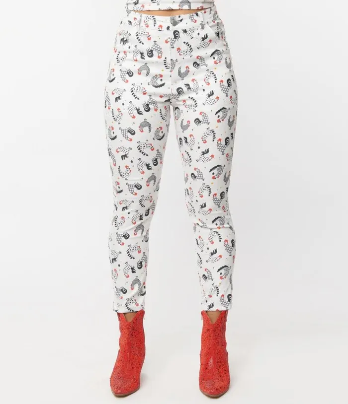 White Chicken Print Cropped Capris Clothing Unique Vintage Pants
