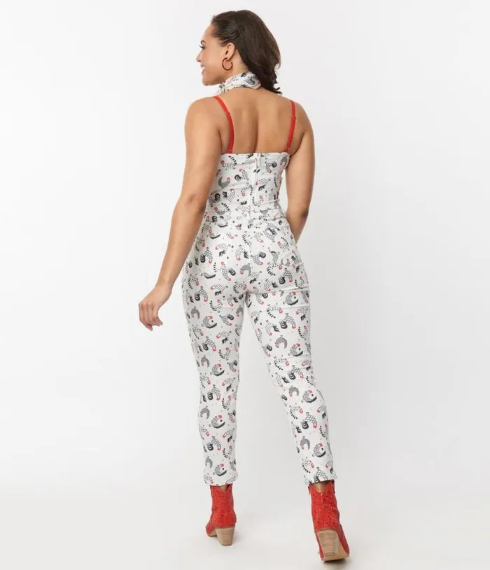 White Chicken Print Cropped Capris Clothing Unique Vintage Pants