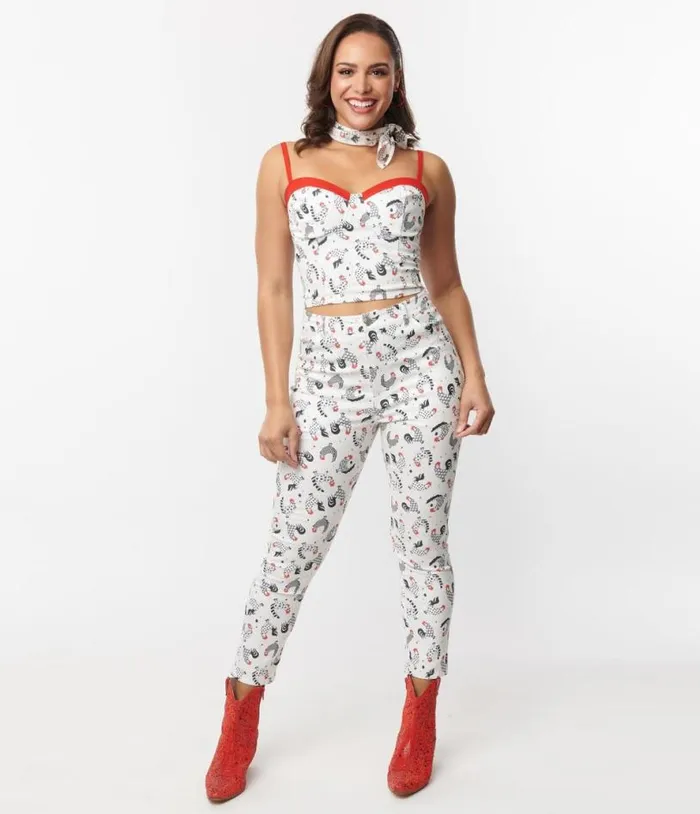 White Chicken Print Cropped Capris Clothing Unique Vintage Pants