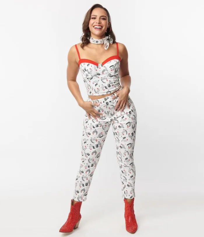 White Chicken Print Cropped Capris Clothing Unique Vintage Pants