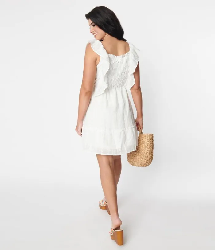 White Floral Embroidered Ruffled Shift Dress Dresses Unique Vintage Pocket Dresses