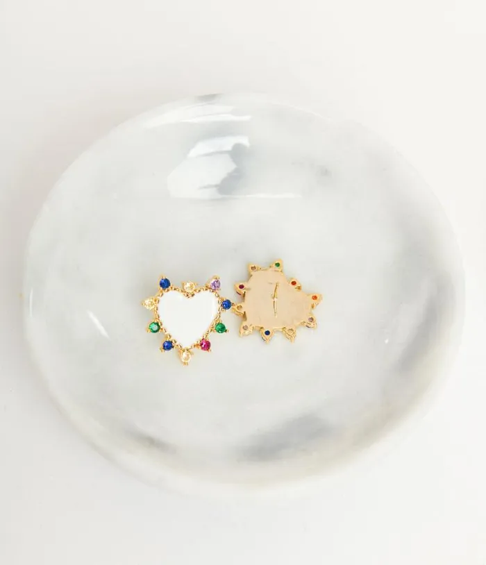 White Heart and Multicolor Stone Stud Earrings Accessories Unique Vintage Earrings