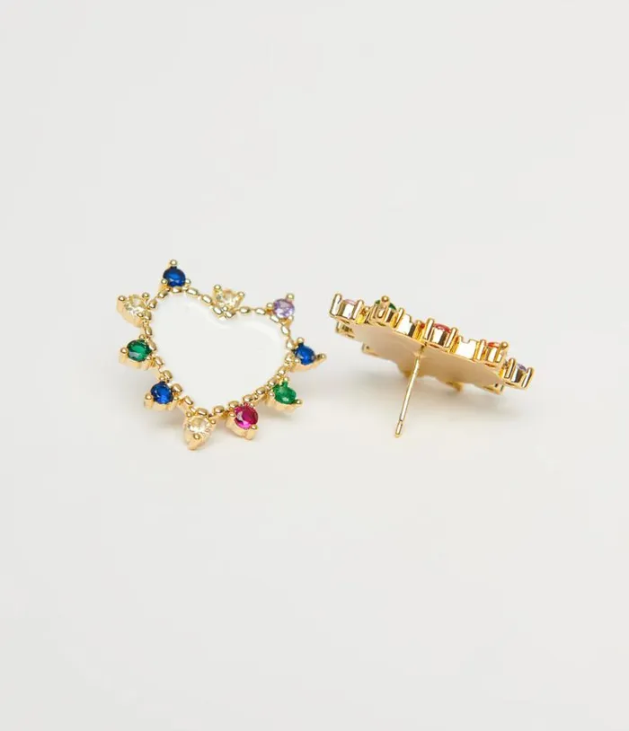 White Heart and Multicolor Stone Stud Earrings Accessories Unique Vintage Earrings