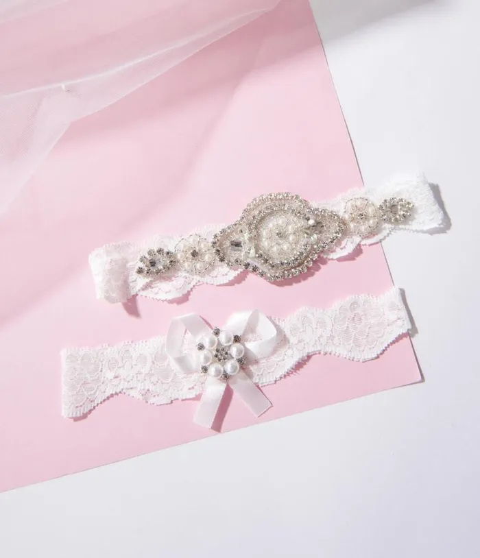 White Lace and Rhinestone Bridal Garter Set Accessories Unique Vintage Stockings and Tights