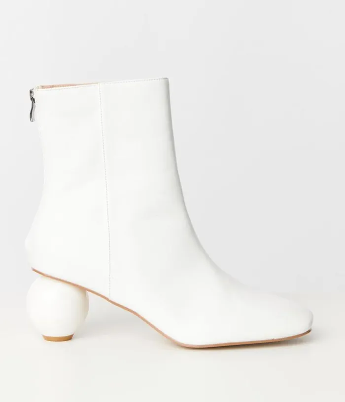White Leatherette Ball Heel Booties Shoes Unique Vintage Boots