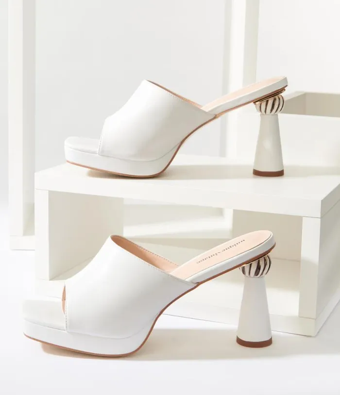 White Leatherette Spiral Ball Mule Heels Shoes Unique Vintage Heels