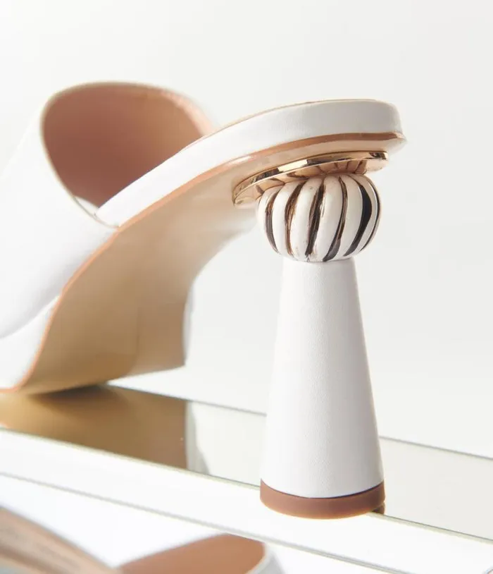 White Leatherette Spiral Ball Mule Heels Shoes Unique Vintage Heels