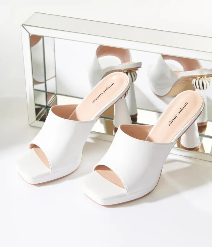 White Leatherette Spiral Ball Mule Heels Shoes Unique Vintage Heels