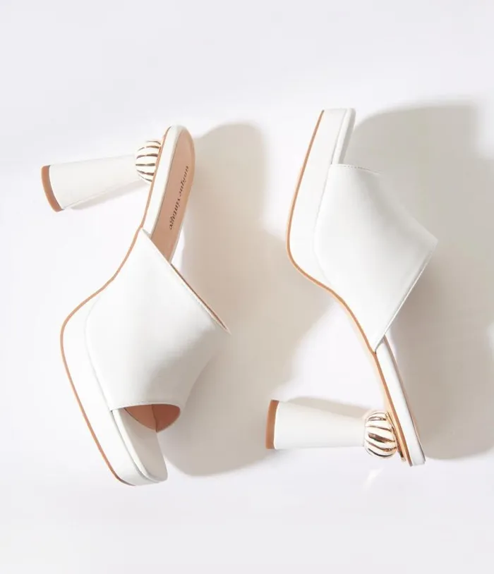 White Leatherette Spiral Ball Mule Heels Shoes Unique Vintage Heels