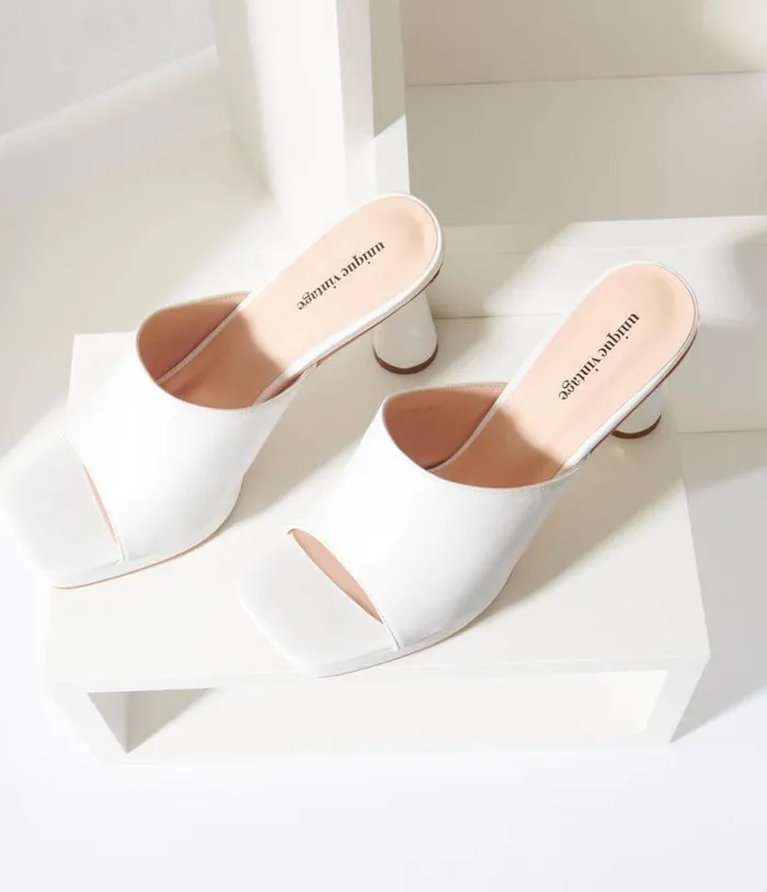 White Leatherette Spiral Ball Mule Heels Shoes Unique Vintage Heels