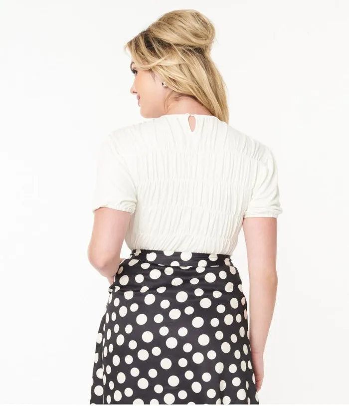 White Shirred Knit Top Clothing Unique Vintage Blouses