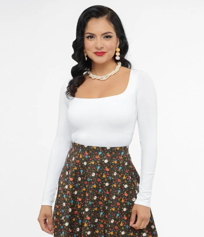 White Square Neck Long Sleeve Top Clothing Unique Vintage Blouses