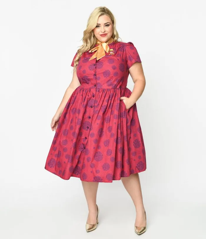 Willy Wonka X Plus Size Berry Swirls and Gold Bow Swing Dress DressesPlus Unique Vintage Pocket Dresses Willy Wonka X Plus Size Berry Swirls and Gold Bow Swing Dress DressesPlus Unique Vintage Pocket Dresses