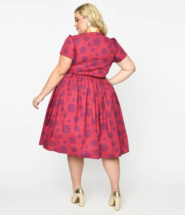 Willy Wonka X Plus Size Berry Swirls and Gold Bow Swing Dress DressesPlus Unique Vintage Pocket Dresses