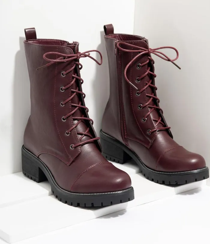 Wine Leatherette Lace Up Combat Boots Shoes Unique Vintage Boots