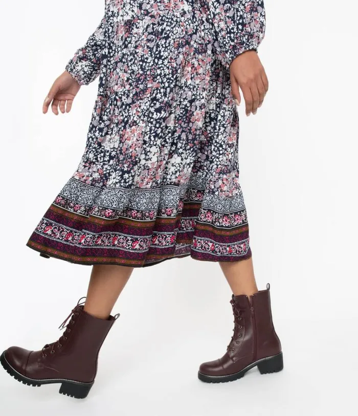 Wine Leatherette Lace Up Combat Boots Shoes Unique Vintage Boots