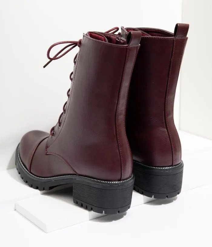 Wine Leatherette Lace Up Combat Boots Shoes Unique Vintage Boots