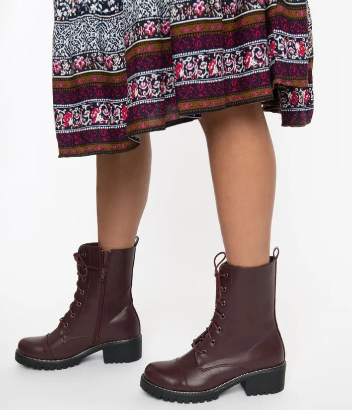 Wine Leatherette Lace Up Combat Boots Shoes Unique Vintage Boots
