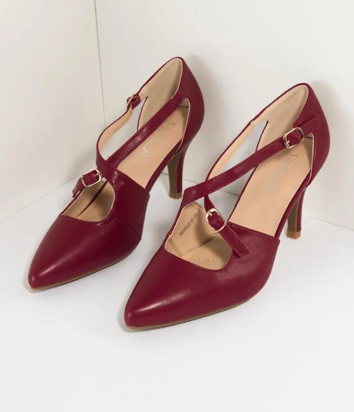 Wine Red Leatherette Cross Strap Pointed Toe Pumps Shoes Unique Vintage Heels Wine Red Leatherette Cross Strap Pointed Toe Pumps Shoes Unique Vintage Heels