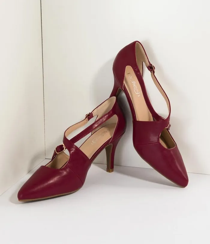 Wine Red Leatherette Cross Strap Pointed Toe Pumps Shoes Unique Vintage Heels