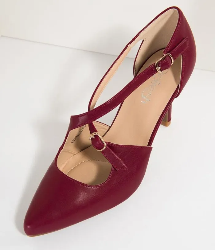 Wine Red Leatherette Cross Strap Pointed Toe Pumps Shoes Unique Vintage Heels