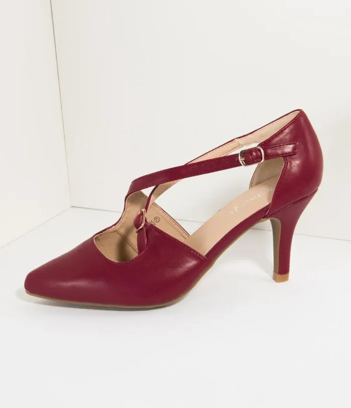 Wine Red Leatherette Cross Strap Pointed Toe Pumps Shoes Unique Vintage Heels