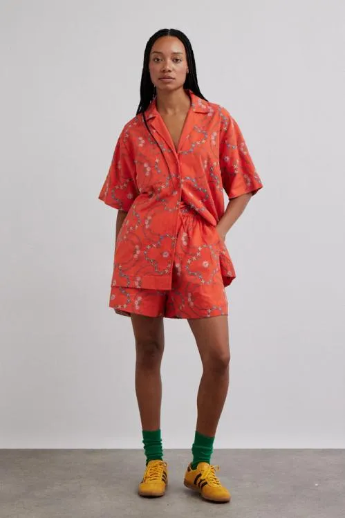 Women Coords Damson Madder Table Cloth Shorts 8211 Red Flower Embroidery