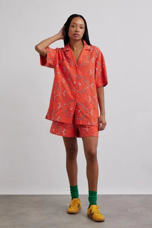 Women Coords Damson Madder Table Cloth Shorts 8211 Red Flower Embroidery