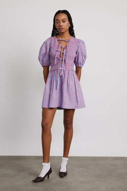 Women Dresses Damson Madder Bluebelle Shirred Mini Dress 8211 Pink and Blue Stripe