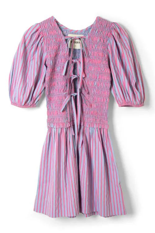 Women Dresses Damson Madder Bluebelle Shirred Mini Dress 8211 Pink and Blue Stripe
