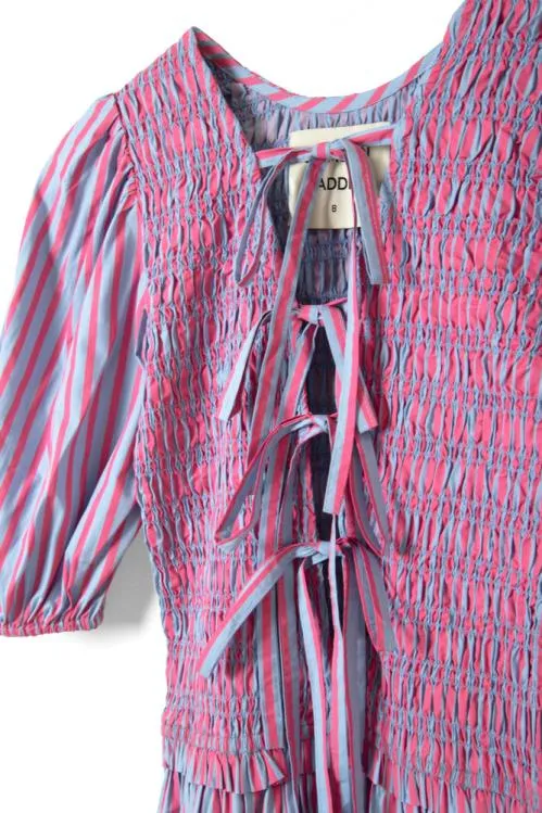 Women Dresses Damson Madder Bluebelle Shirred Mini Dress 8211 Pink and Blue Stripe