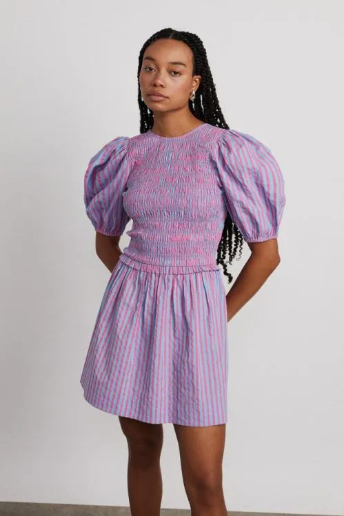 Women Dresses Damson Madder Bluebelle Shirred Mini Dress 8211 Pink and Blue Stripe