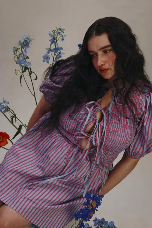 Women Dresses Damson Madder Bluebelle Shirred Mini Dress 8211 Pink and Blue Stripe