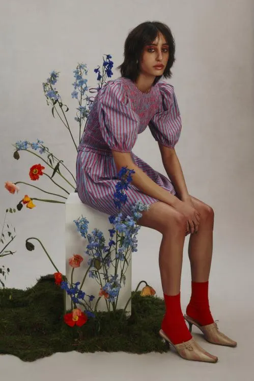 Women Dresses Damson Madder Bluebelle Shirred Mini Dress 8211 Pink and Blue Stripe