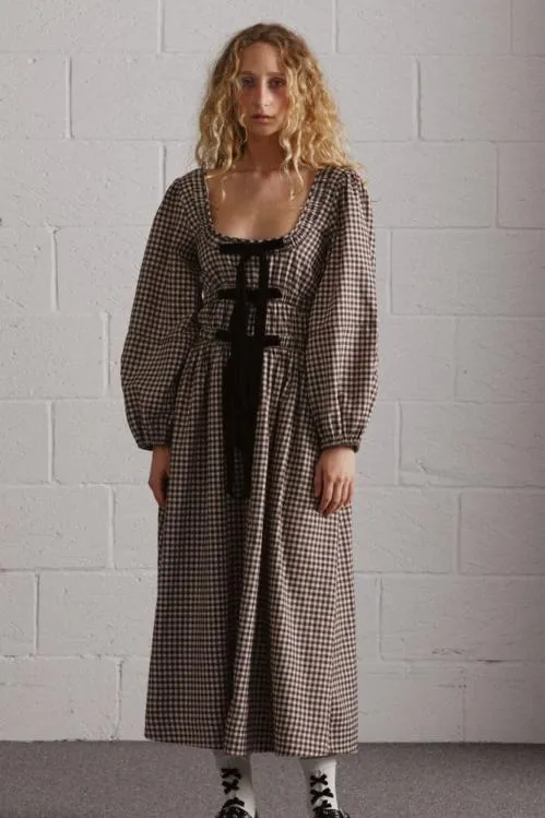 Women Dresses Damson Madder Dakota Bow Midi Dress 8211 Chocolate Check