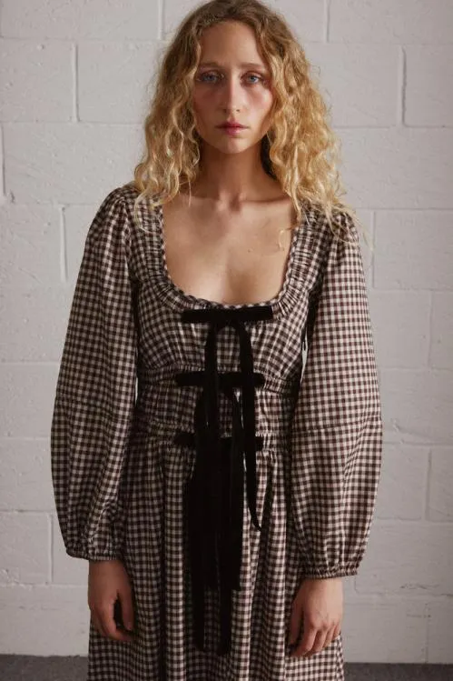 Women Dresses Damson Madder Dakota Bow Midi Dress 8211 Chocolate Check