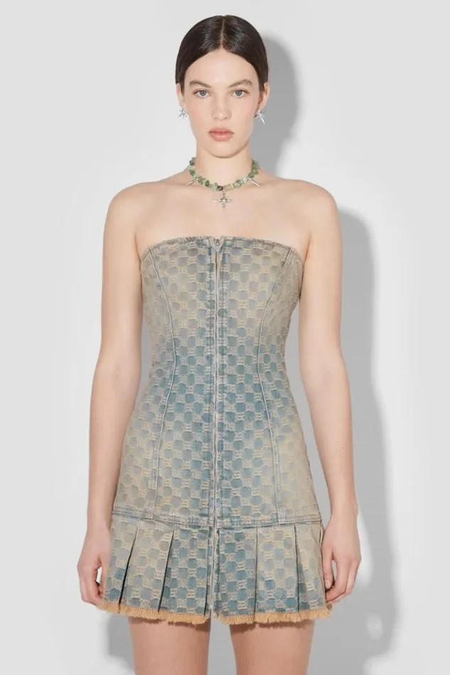 Women Dresses MISBHV Jacquard Denim Monogram Pleated Mini Dress Blue