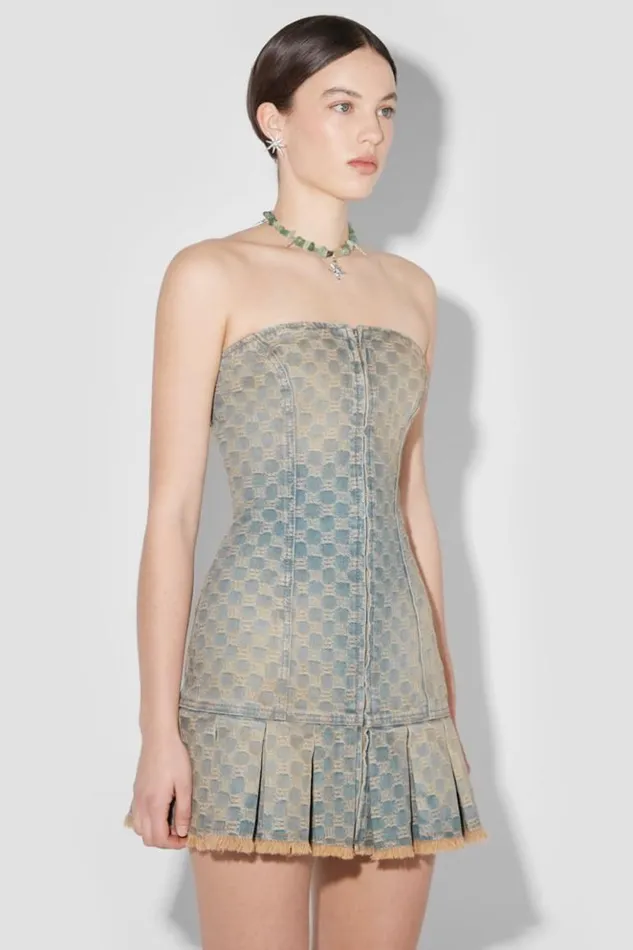 Women Dresses MISBHV Jacquard Denim Monogram Pleated Mini Dress Blue