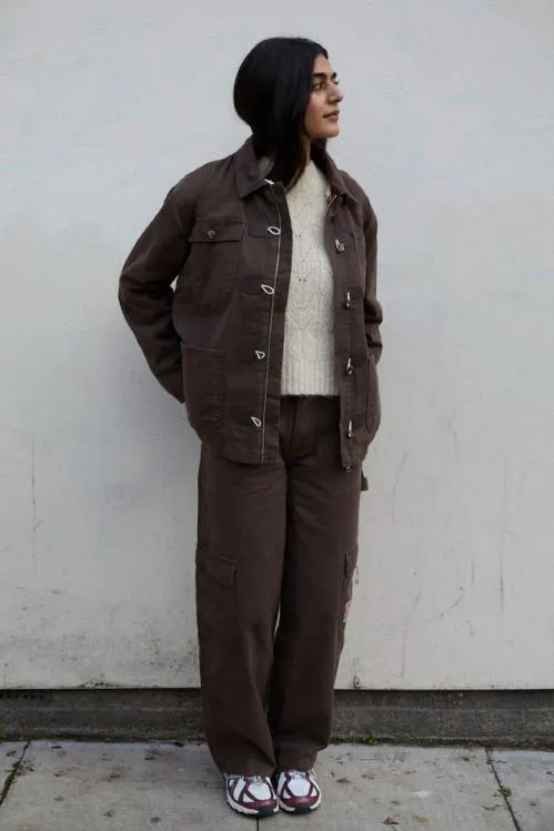 Women Jackets and Coats Damson Madder Dion Workwear Borg Shacket 8211 Chocolate