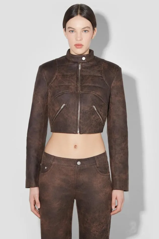 Women Outerwear MISBHV Cracked Faux Leather Cropped Moto Jacket Brown