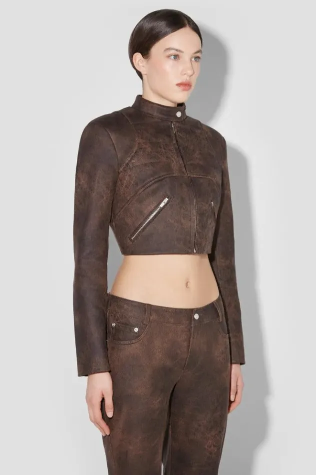 Women Outerwear MISBHV Cracked Faux Leather Cropped Moto Jacket Brown