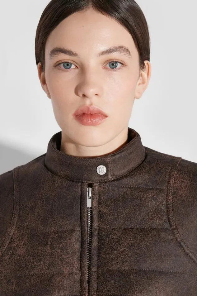 Women Outerwear MISBHV Cracked Faux Leather Cropped Moto Jacket Brown