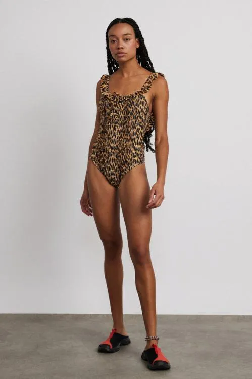 Women Swim and Beach Damson Madder Cheyenne Shirred Ruffle Swimsuit 8211 Leopard