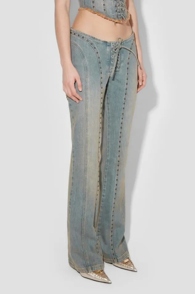 Women Trousers MISBHV Sunset Wash Lara Laced Denim Studded Trousers Blue