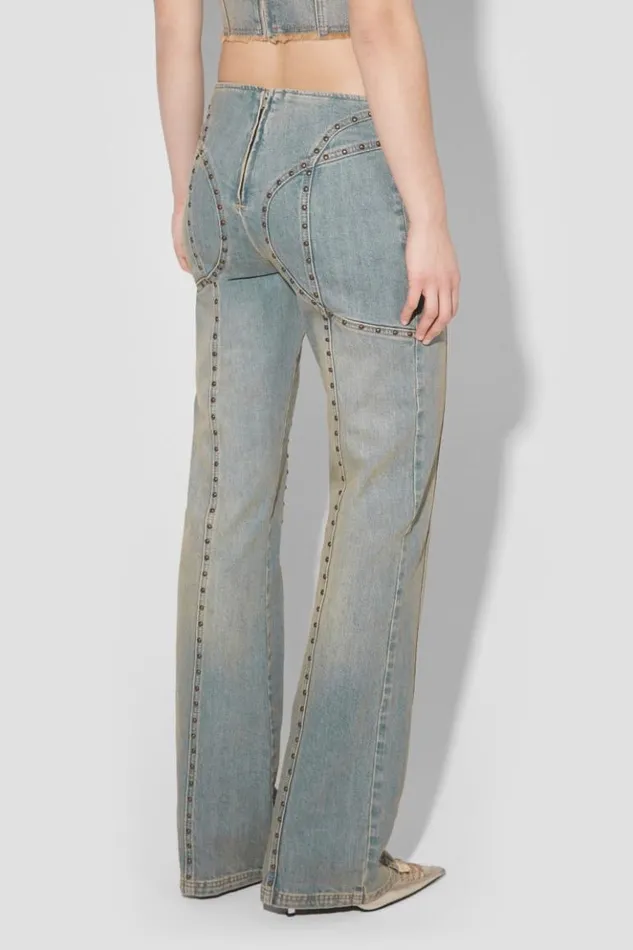 Women Trousers MISBHV Sunset Wash Lara Laced Denim Studded Trousers Blue